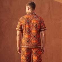 Printed Shirt And Shorts Set With Geometric Pattern, Made In Türkiye. Model Height: 1.81m, The Model Shown Is Wearing A Size M. - Red - View 3