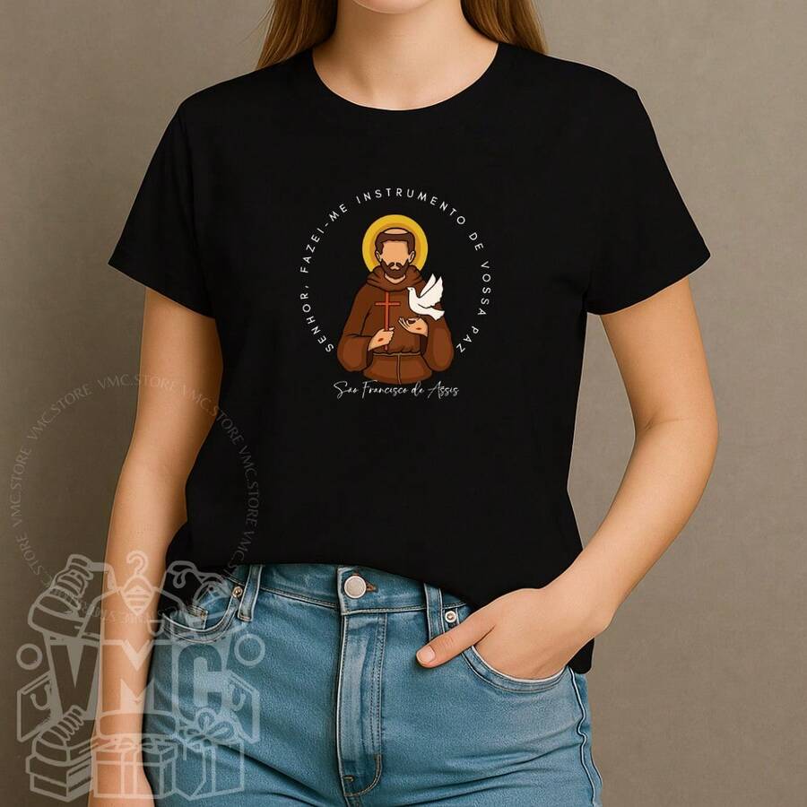 Camiseta Camisa Blusa Feminina São Francisco de Assis T Shirt Católica Jesus 100% Algodão - Preto - Visão 1