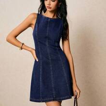 jianchaimaoyi02  Vestido de mezclilla casual de mujer sin mangas, cuello redondo, espalda descubierta y con lazo - Azul lavado oscuro - Ver 9