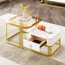 Stackable Coffee Table: Glossy Marble Look, Gold Details, Side Table With Drawers. Set Of Two Pieces. - White 1 - View 3