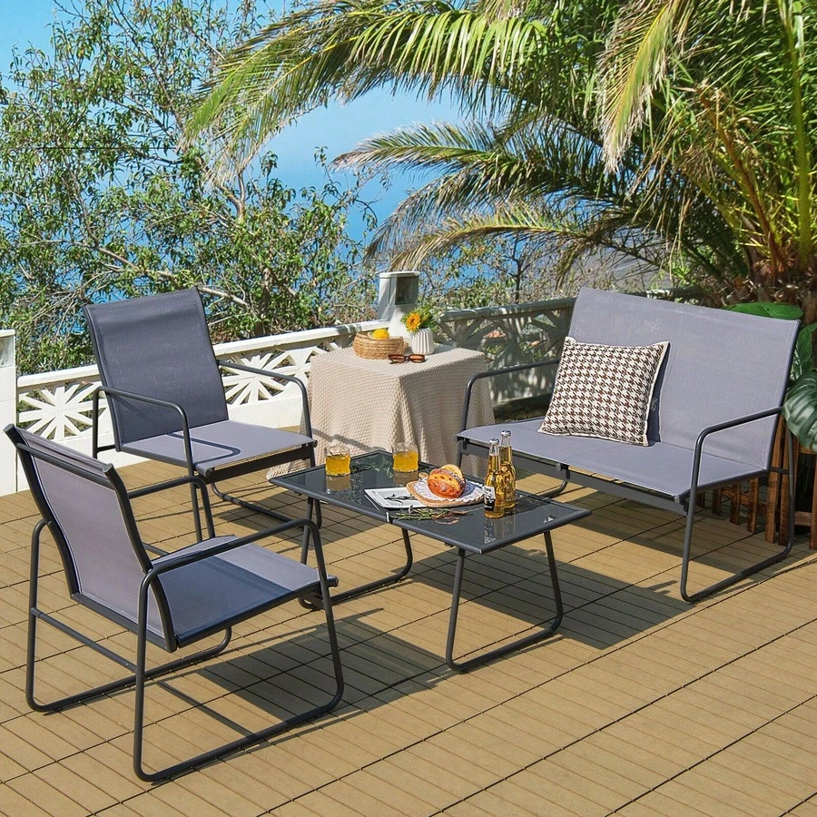 4 Pieces Of Metal Patio Furniture Chat Set With Tempered Glass Coffee Table - 1 - View 1