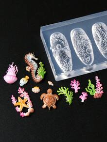 2件組海洋世界美甲雕刻矽膠模具 海洋生物魚類海馬海星珊瑚美甲模板 夏季水下美甲設計印花板 DIY美甲工具 - 無色 - 查看 4