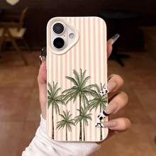 粉色與白色條紋椰子樹手機殼（更新至 17 機型）適用機型：Apple 17/16/15/14/13/12/11 全系列 材質與設計：奶油白軟邊 + 粉色與白色垂直條紋皮革紋理背板，搭配清新熱帶棕櫚樹印花，度假風 - 彩色 - 查看 4
