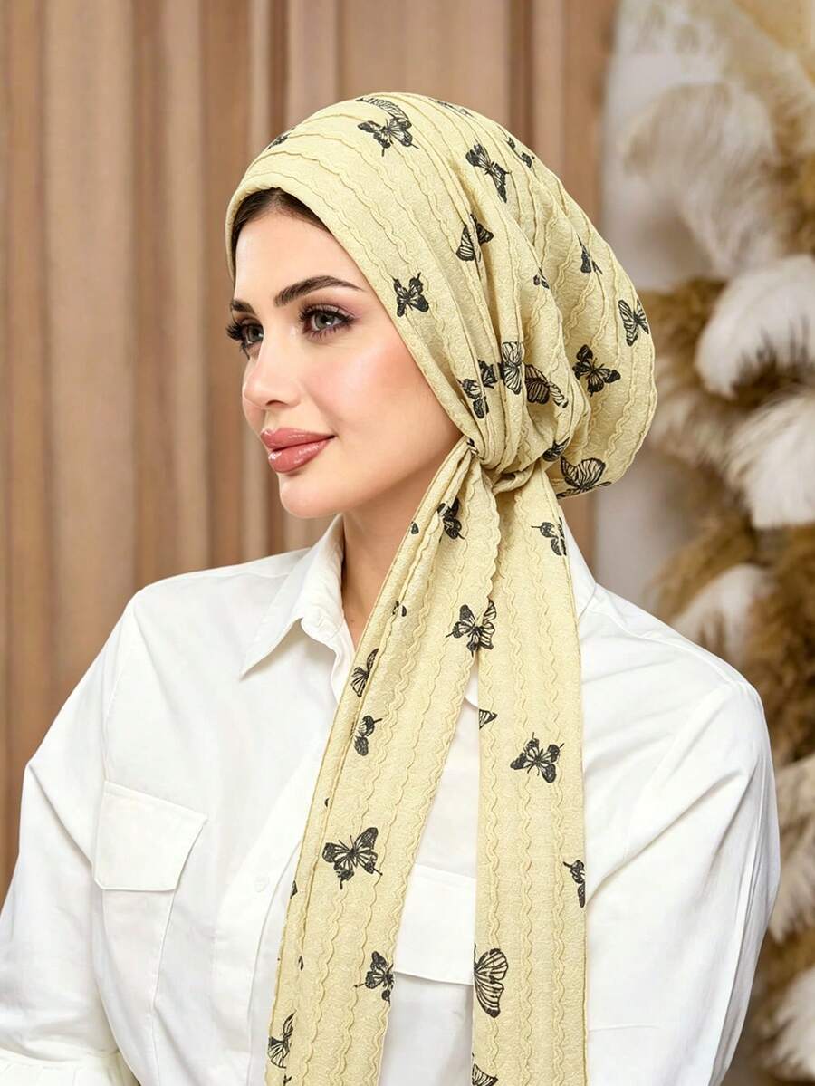 OBOVAY 1pc Women's Elegant Butterfly Print Long Scarf, Fashionable Pleated Design, Breathable Muslim Headscarf, Suitable For Daily Wear - Multicolor - View 1