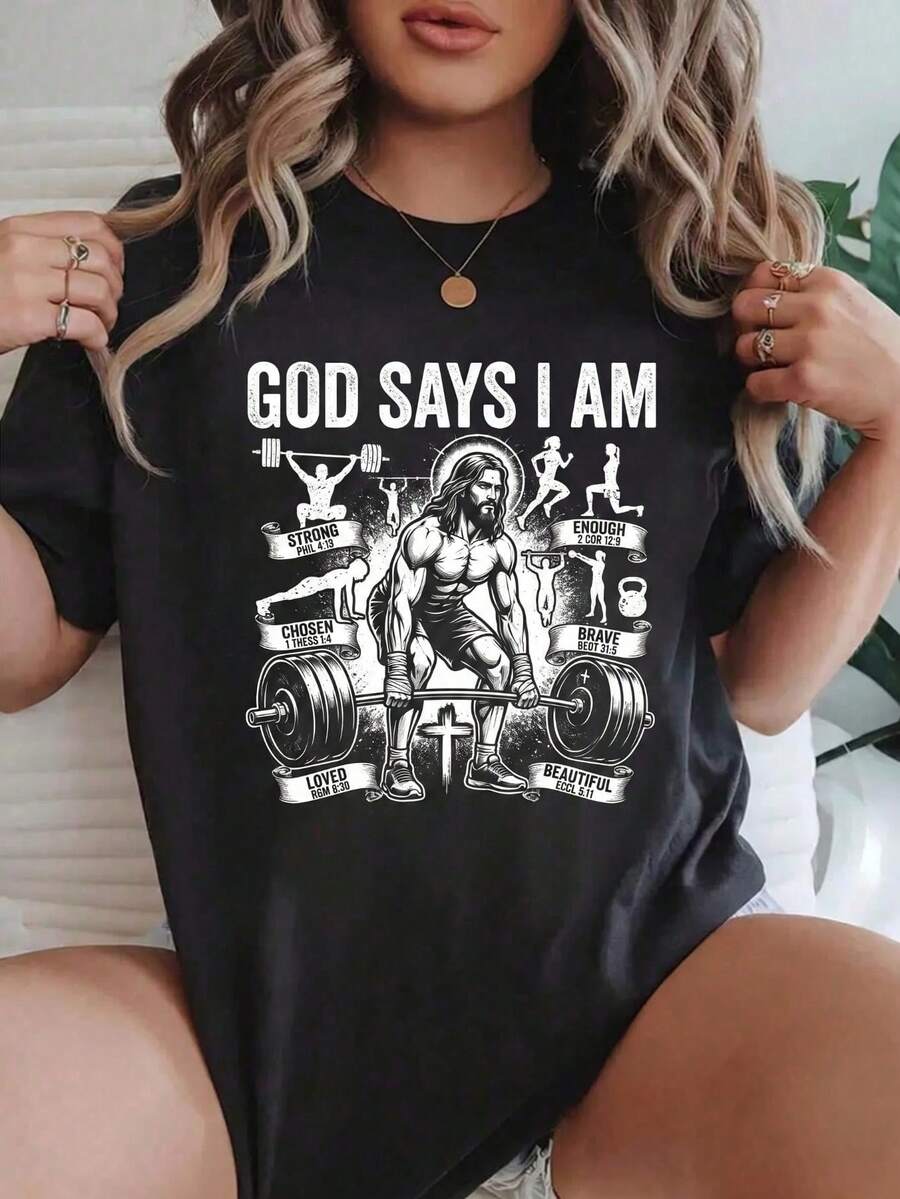 Pure Cotton Blouse, Round Neck, Short Sleeve, Summer Top With Inspirational Phrase "God Says I Am" - Lightweight, Soft, Breathable, Ideal For Workouts And Everyday Wear - Casual Style For Women - 黑色 3 - 查看 1