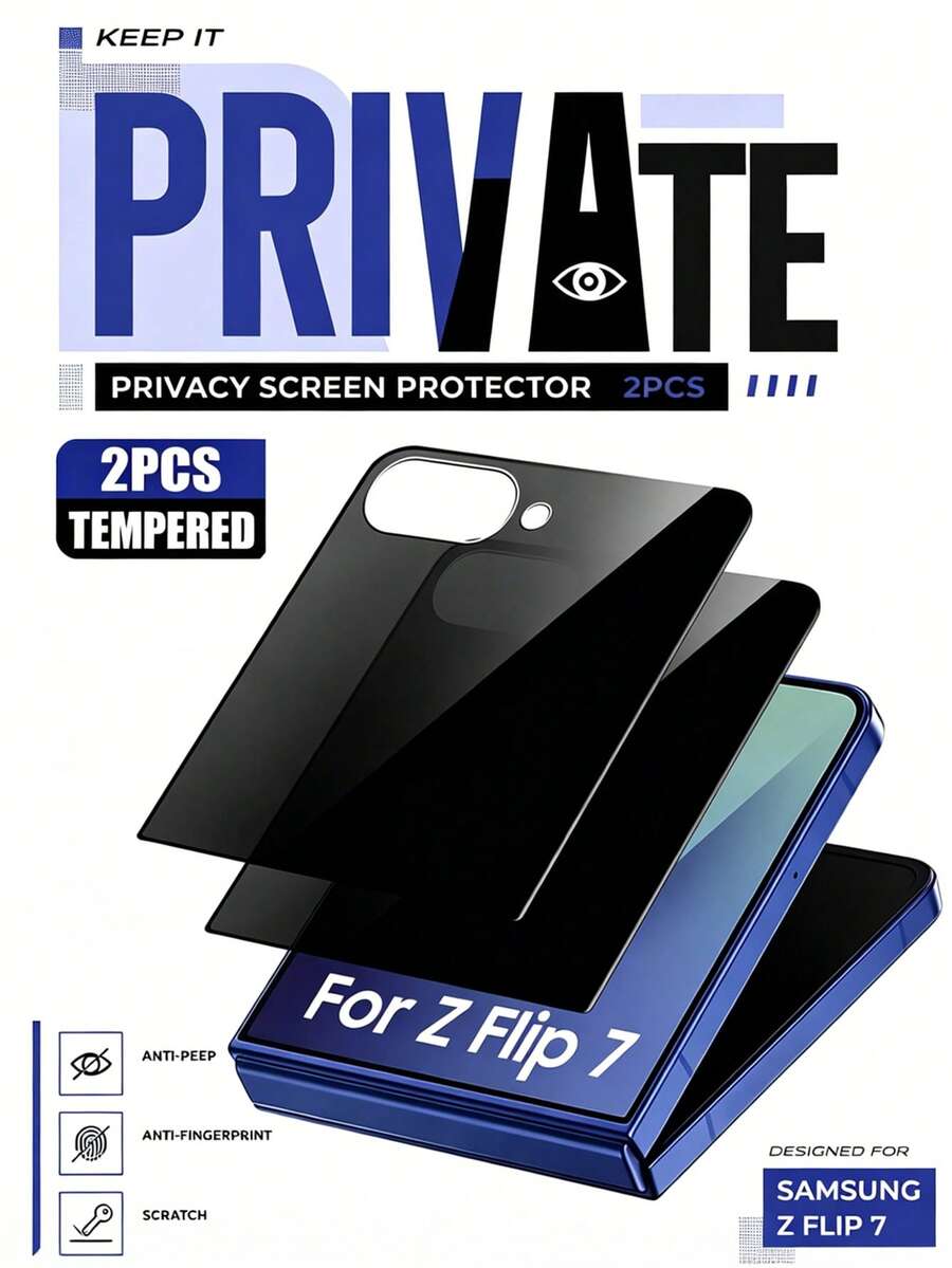 2pcs Privacy Anti-Peep Anti-Scratch Bubble-Free Tempered Glass Screen Protector For Phone Case, Compatible With Samsung Galaxy Z Flip 7 Z Flip 6 Z Flip 5 Z Flip 4 Phone Accessories - Black - View 1