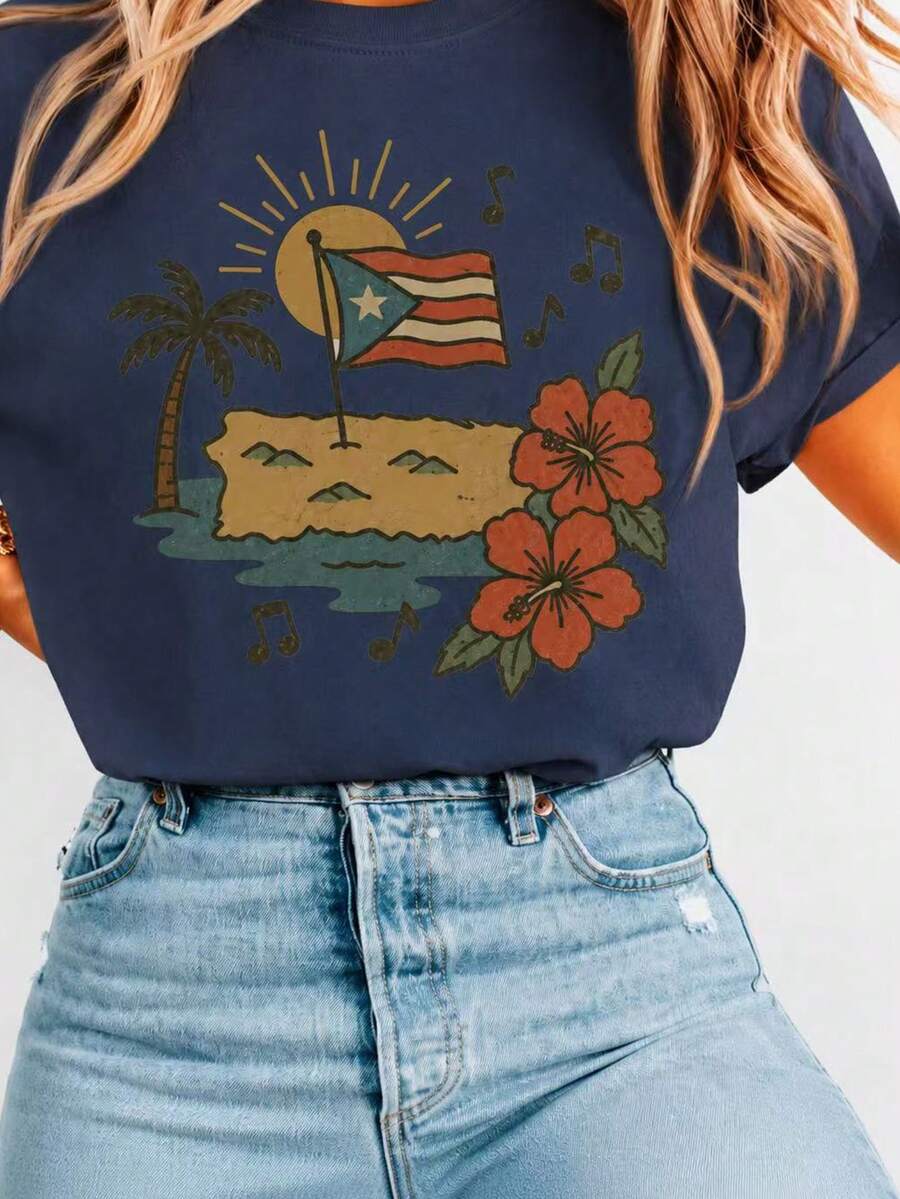 Women's Casual Puerto Rico Flag Island Print Cotton T-Shirt, Short Sleeve Round Neck Tee For Summer Vacay Outfits - 藏青色 - 查看 1