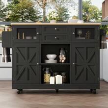 Kitchen Island, Serving Cart With Worktop, Sideboard, Wood-Finish Serving Cart, Side Towel Rack, Three-Dimensional Cupboard Doors On Casters, Adjustable Partitions, White - 黑色 - 查看 12