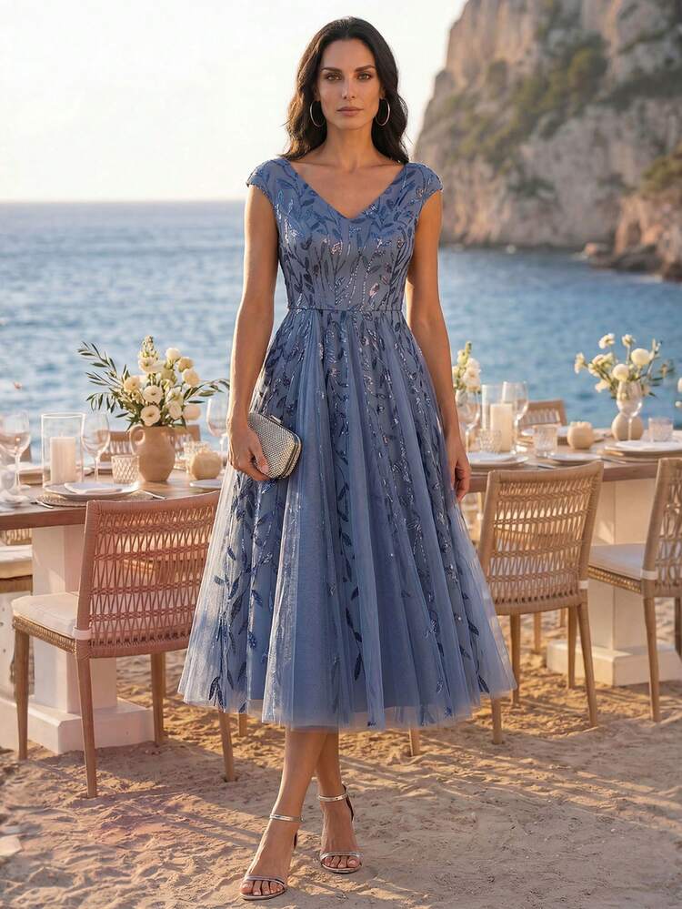 ever pretty dusty blue dress Ever-Pretty Pleated V-Neck 3/4 Sleeves Asymmetrical Hem Cocktail Dress