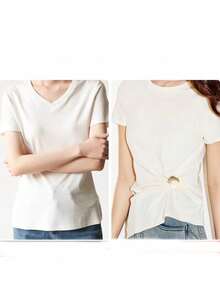 2 Piezas / 4 Piezas Camiseta de Manga Corta con Cintura Ceñida, Dobladillo Elástico Imprescindible, Dobladillo Largo Acortado por un Cierre de Nudo de Anillo Redondo con Metal Oculto - Multicolor - Ver 5