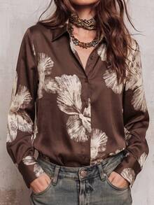 Damen Bluse mit Blumenmuster und langen Ärmeln, elegant, lässig, vielseitig, für den täglichen Gebrauch und Pendeln, für alle Jahreszeiten - Kaffeebraun - Übersicht 1