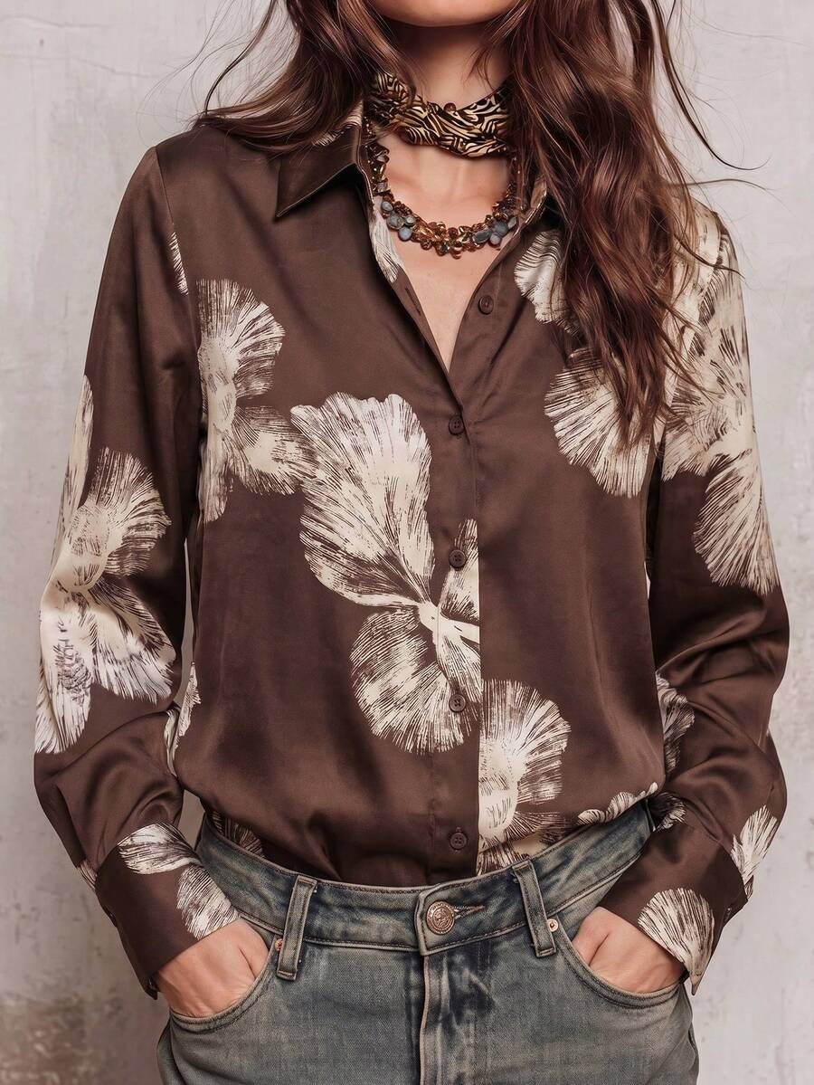 Damen Bluse mit Blumenmuster und langen Ärmeln, elegant, lässig, vielseitig, für den täglichen Gebrauch und Pendeln, für alle Jahreszeiten - Kaffeebraun - Übersicht 1