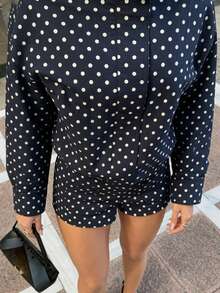 Chaqueta corta de lunares para mujer, top de manga larga de moda, chaqueta de cuello alto con cordón - Azul Marino - Ver 4