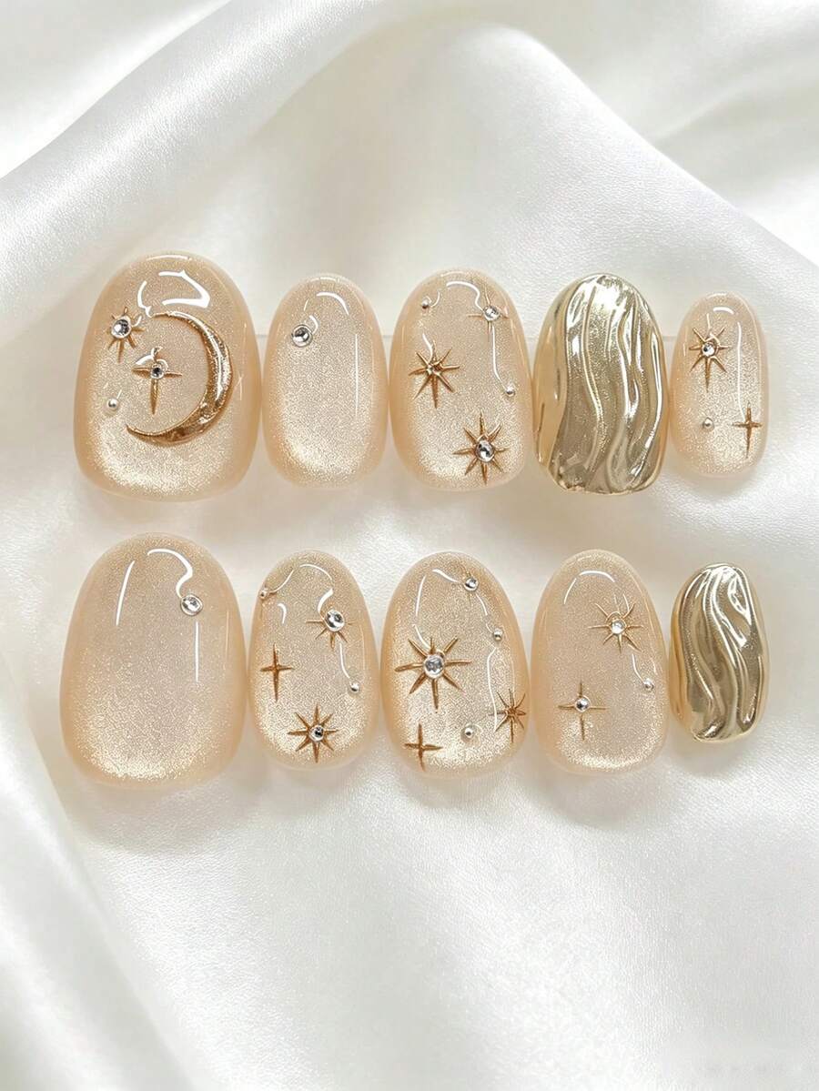 10片手工美甲贴纸,可卸亚克力椭圆形美甲,饰有星星、月亮、仿珍珠、雕刻图案等可爱设计,适合开斋节、情人节、派对、节日等场合。 - 金色 - 查看 1