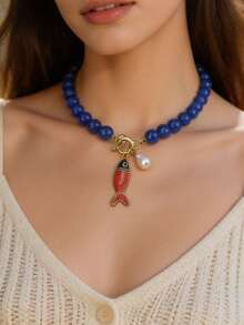 ZA Collar de mujer con colgante de pez pintado a mano y cuentas| Estilo bohemio náutico multicolor Regalo de Pascua Joyería para fiesta en la playa - Pez de metal C - Ver 5