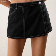jianchaimaoyi02 Maija Falda pantalón de mezclilla azul claro para mujer con diseño 2 en 1, versátil y casual estilo Y2K para volver al colegio, uso diario y otoño - Negro01 - Ver 1