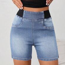 xuehuamaoyi02  Tall Pantalones cortos de mezclilla elásticos y ajustados de estilo casual para mujer, color azul - Negro01 - Ver 5