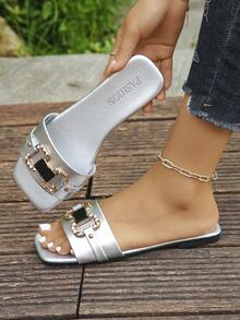 1 Pair Plus Size Double Ring Black Buckle Square Toe Women's Low Heel Flat Sandals Silver Sandals Silver Slippers Elegant Women's Sandals Vacation Style Summer Sandals Suitable For Daily Indoor Outdoor Casual Shopping Vacation Travel Silver Slippers Versatile Women's Shoes - Silver - View 5
