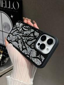 1pc Black & White Lightning Mirror Rhinestone Skin-Feel Spray Painted Phone Case Compatible With 17promax/16plus/15pro/14/13 - Black and White - View 4