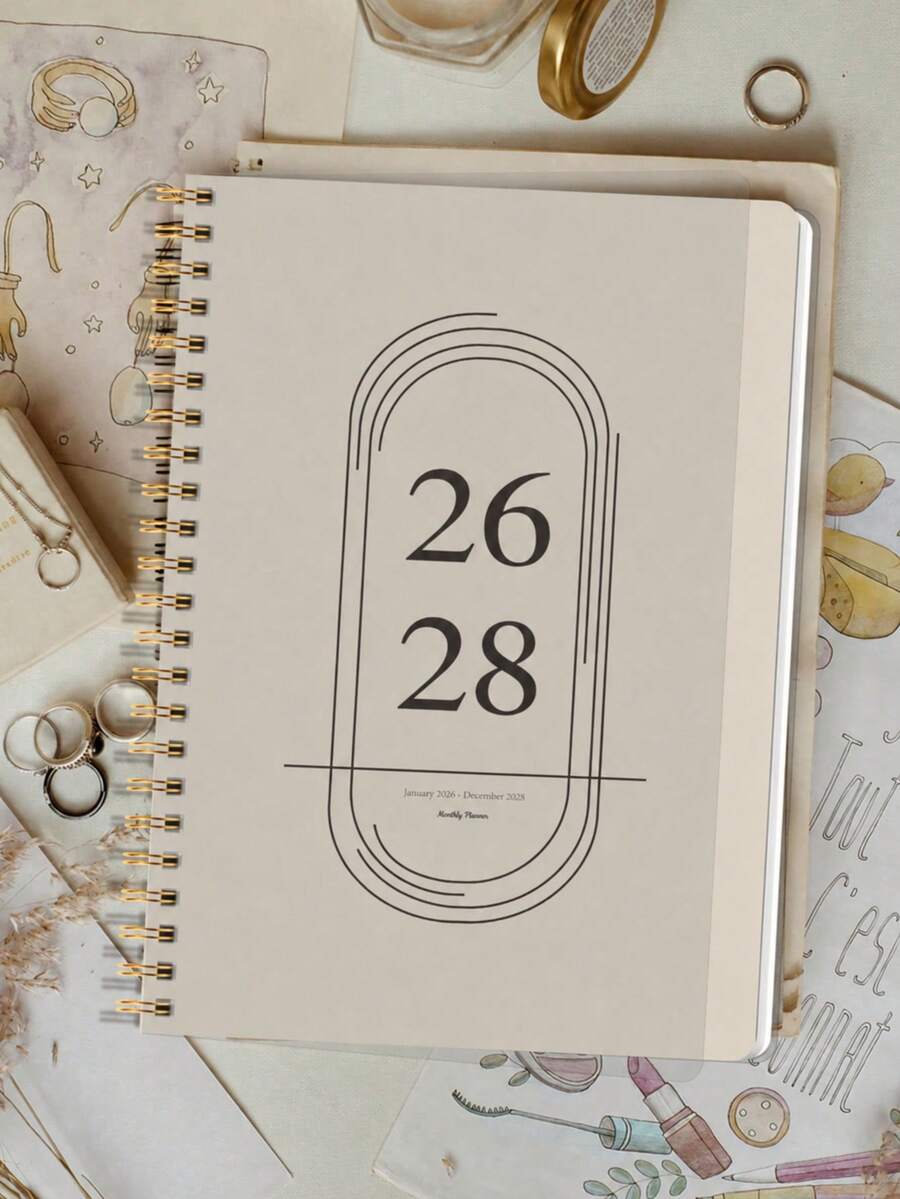 Trees 1pc 2026 Monthly Planner Notebook, A5 Minimalist Monthly Planner With Calendar Grid, Notes And To-Do List, Perfect Productivity Organizer For Home, Work And Study, Essential Office Desk Accessory - Champagne - View 1