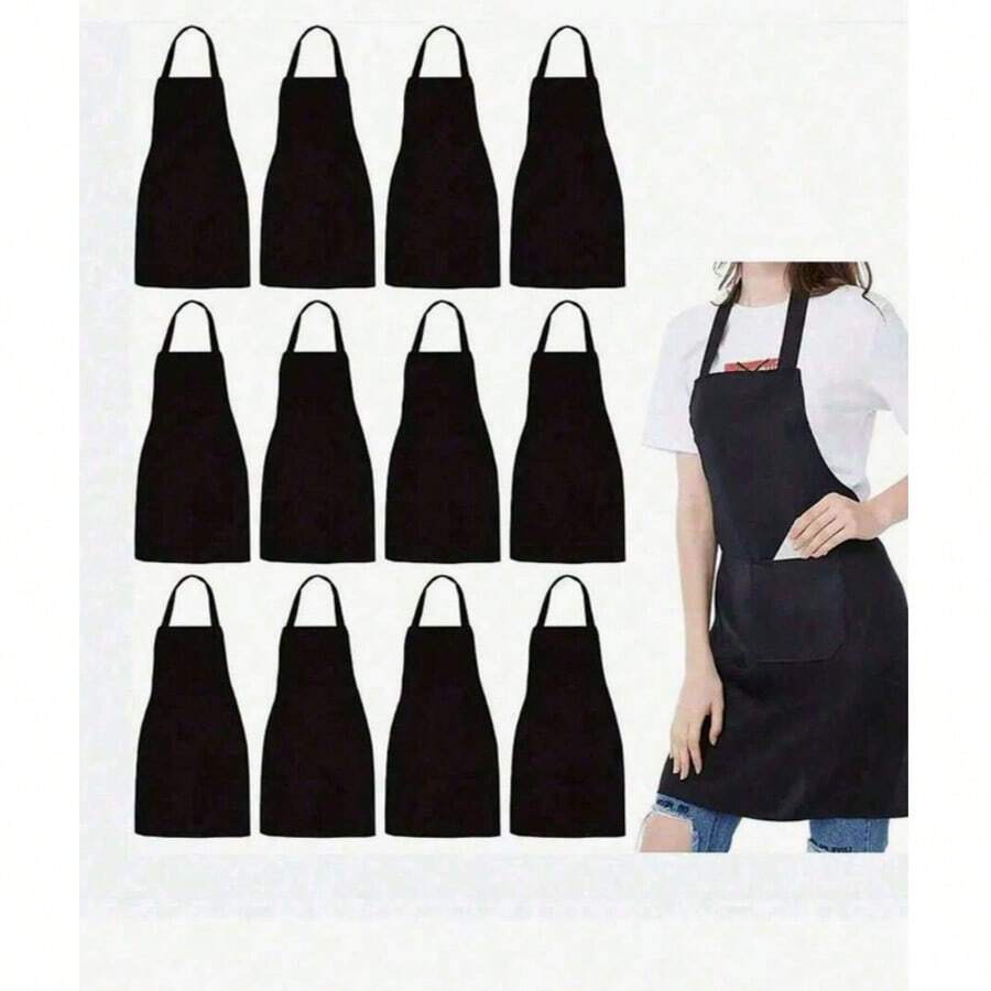 1/3/5pcs Women's Polyester Apron, Simple Style Black Apron With Pockets, Thickened Waist Apron, Fashionable Home Kitchen Workwear, Kitchen Supplies - Multicolor - View 1