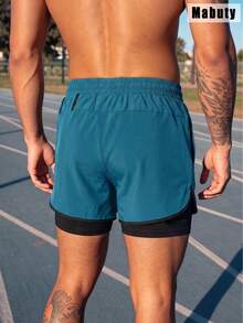 Shorts de running unisex 2 en 1 con forro interior, cintura ajustable con cordón, shorts deportivos para entrenamiento fitness para hombre - lago azul - Ver 5