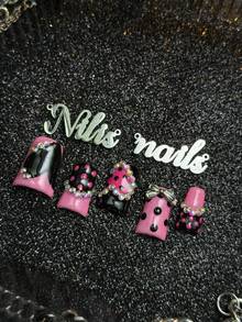 10pcs Handmade Full Coverage Short Duck Nail Tips, Pink, 3D Bow & Rhinestone & Polka Dot & Gradient Decoration, Sweet Cool Y2K Baddie Style, Removable & Reusable Fake Nails, Suitable For Party, Daily And Cosplay, Includes Jelly Glue And Nail File - Pink - View 7