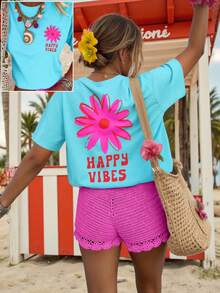 DrmWander Women's T-Shirt, Short Sleeve Graphic Print T-Shirt, Casual Urban Style, Cute Summer T-Shirt, Mom T-Shirts, Blouse, Cute Women's Sweatshirt, Tops For - 藍色 - 查看 1