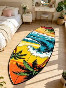 1pc Wave & Coconut Tree Surfboard Shaped Decorative Rug, Bedroom Decor, Small Rug, Carpet, Home Decor, Living Room Rug, Living Room Small Rug, Bedroom Rug, Living Room Home Decor, Outdoor Rug, Washable Rug - Multicolor F - View 1
