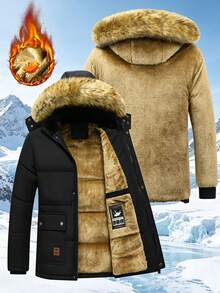 Men's Casual Sports Hiking Mid-Length Thermal-Lined Thickened Jacket With Multiple Pockets And Buttons, Versatile Solid Color Black - Black - View 1