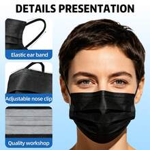 Bulk 100 Pack Black Disposable Face Masks, Non-Medical Daily Protection Masks, Universal Fit For Men & Women, Dust & Pollen Filter Masks - Black - View 3