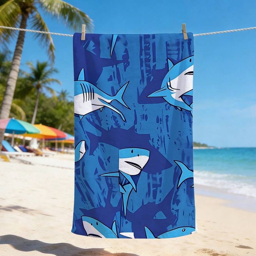 1pc Shark Pattern Beach Towel, Quick-Dry Lightweight Large Size, Travel Swimming Pool Use, Sand-Proof Ocean Theme Adult Beach Essential Accessory, Microfiber - Multicolor - View 1