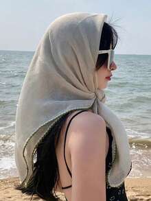 1pc/2pcs Solid Color Stitching Design Square Scarf 85cm, Lightweight Style, Suitable For Daily Use As Sun Protection Shawl, Headscarf Or Fashion Accessory, Also A Great Gift For Friends And Family; Can Be Used As Casual Headband Or Soft Headscarf/Veil To Match Robes. - Monochrome - View 10