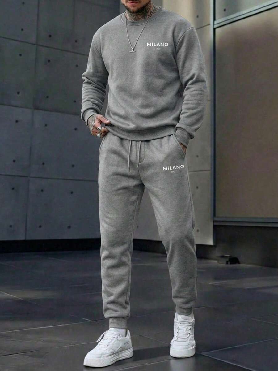 男士纯色休闲日常羊羔绒长袖印花卫衣裤套装,冬季 - 灰色 - 查看 1