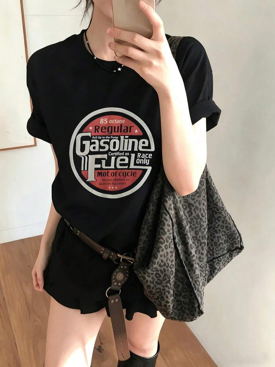 Made In Japan, Spring/Summer Cotton, Round Neck, Loose Fit, Versatile, Simple, English Print Short-Sleeve T-Shirt - Black - View 1