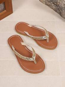 1 Pair Gold Glitter Toe-Post Flat Flip-Flops, Shiny PU Material, Round Toe Open-Toe Soft Sole Non-Slip Slip-On Design, Fashionable Minimalist Beach Sandals, Suitable For Daily Wear, Vacation, Beach Outings, Spring/Summer New Style - Gold - View 2