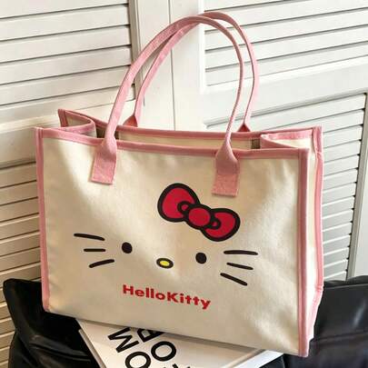 Miniso Hello Kitty ansiktstryck på canvasväska, klassisk röd rosett & morrhårdesign med rosa kant, stor kapacitet, avslappnad handväska/axelväska