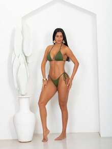 Triangle Bikini With Double Polyamide String Tie-Up Panties - Army Green - View 2