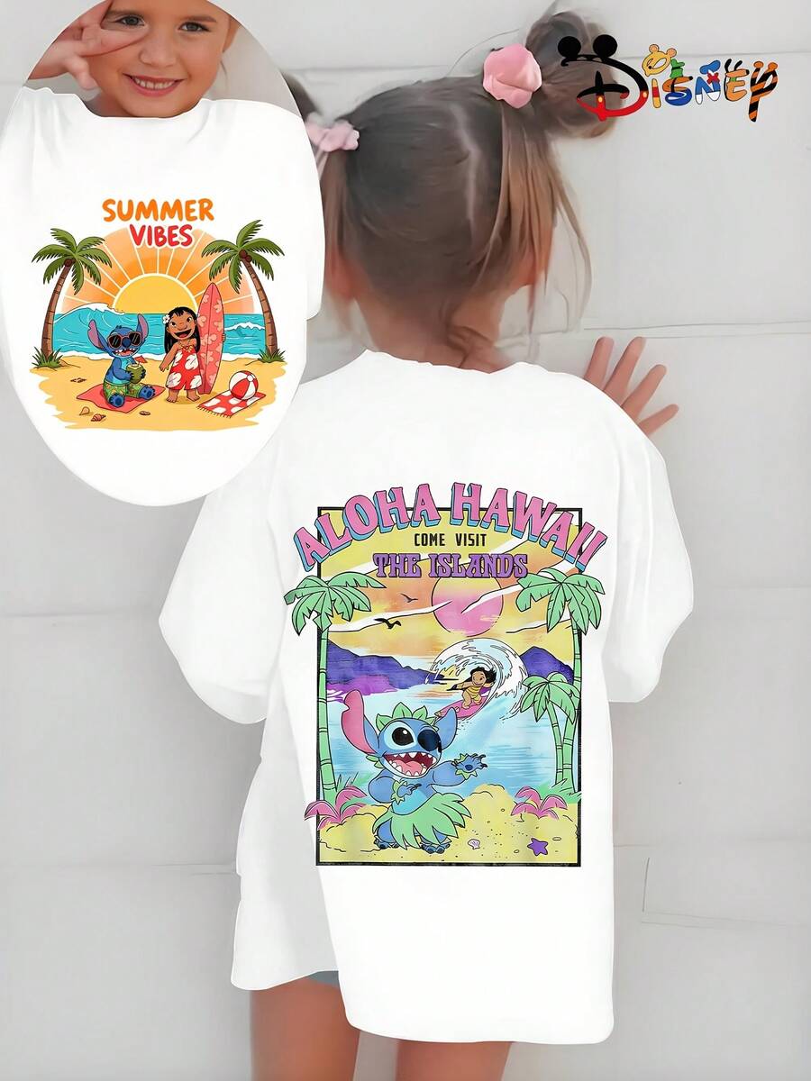 Disney Officially Licensed Lilo & Stitch Summer Casual Loose-Fitting T-Shirt, Vacation Style, Suitable For Casual Outings And Everyday Wear, Unisex. - 白色 - 查看 1
