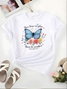 New Version Of The Small Regular Short-Sleeve Butterfly Print T-Shirt For Women - White - View 1