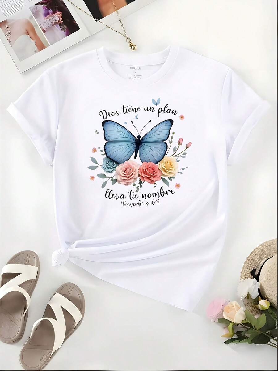 New Version Of The Small Regular Short-Sleeve Butterfly Print T-Shirt For Women - White - View 1