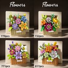 多款微粒積木花籃6件組，732pcs/757pcs/771pcs/886pcs多粒成人組裝花籃，DIY組裝療癒花籃，手工3D花籃，桌面節日溫馨裝飾，適合積木愛好者、收藏家、家居裝飾、藝術收藏。減壓療癒組裝積木玩具，畢業季/母親節/情人節/女孩禮物/復活節/週年紀念/好友/老師/其他重大節日禮物推薦。 - 彩色 - 查看 6