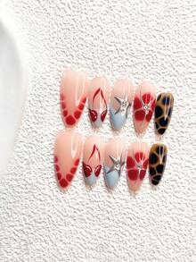 10 piezas de uñas postizas de estilo retro hechas a mano, set de uñas de polygel, estrella de cinco puntas y cereza, esmalte de uñas rojo, azul, marrón y plateado, estilo casual, incluye herramientas para uñas, 3 tamaños disponibles, pato, ataúd, almendra, uñas con brillo para fiesta, baile, uso diario. - Multicolor - Ver 13