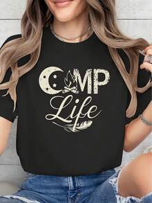Camiseta de Verano para Mujer de Diseño Simple y Versátil, Manga Corta y Cuello Redondo - Estampado Frontal y Trasero, Top Casual Opaco, - Negro - Ver 1