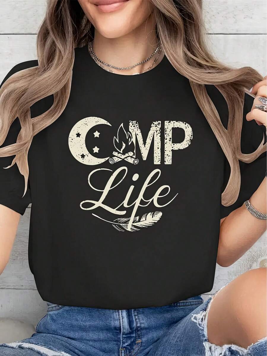 Camiseta de Verano para Mujer de Diseño Simple y Versátil, Manga Corta y Cuello Redondo - Estampado Frontal y Trasero, Top Casual Opaco, - Negro - Ver 1