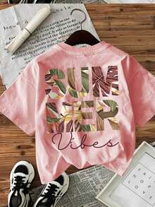 1 Piece, Y2K Retro T-Shirt Summer Vibes Printed Round-Neck Short-Sleeve T-Shirt For Women, Featuring A Tropical Plant And Leaf Design On Both Sides - 粉色 - 查看 3