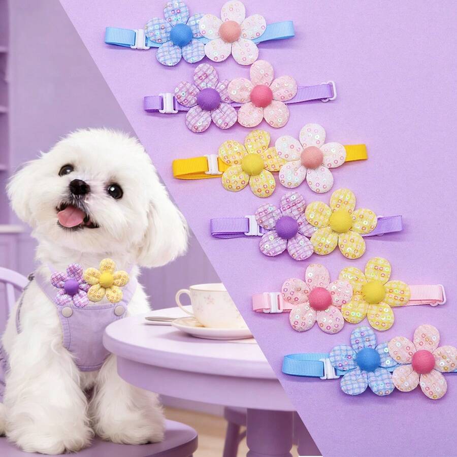 3/10pcs Multicolor Sequin Flower Pet Collar, Fabric Adjustable Buckle Bow Tie, Decorative Neckband For Small To Medium Dogs And Cats, Suitable For Home Gatherings/Daily Outings/Prom/Photos/Birthday Parties, Gift For Pets/Valentine's Day/Christmas/Halloween - Multicolor - View 1