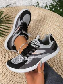 Women's Plus Size Wide Fit Lace-Up Breathable Multi-Color Patchwork Mesh Upper Daily Versatile Casual Fashion Wide Fit Sneakers - Light Grey - View 6