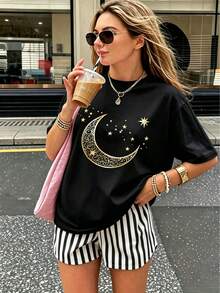 2pcs Vintage American Style Sun Moon Star Print, Striped Colorblock Casual INS Style Women's Round Neck Pajama Set, Loungewear - Black - View 3