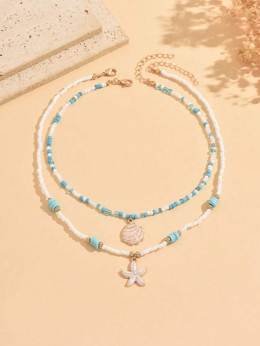 2pcs Bohemian Style Mixed Color Seed Bead Beaded Exquisite Shell & Starfish Pendant Necklace For Girls, Beach Vacation Double Layer Stacked Collarbone Chain, Random Color Placement Of Seed Beads - Multicolor - View 1